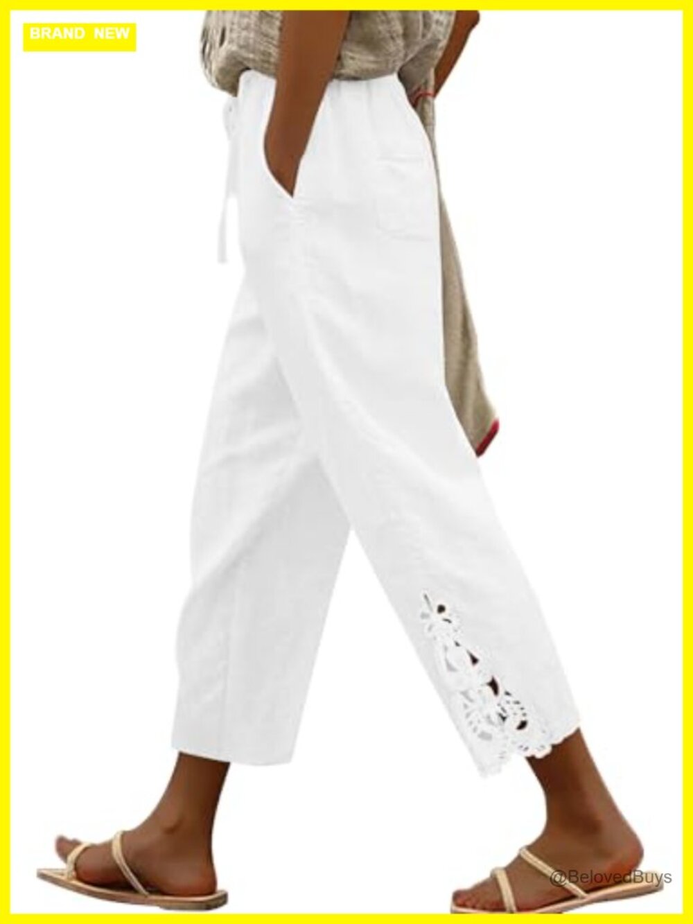 Cotton Linen Drawstring Elastic Waist Trousers with Pockets Casual Summer